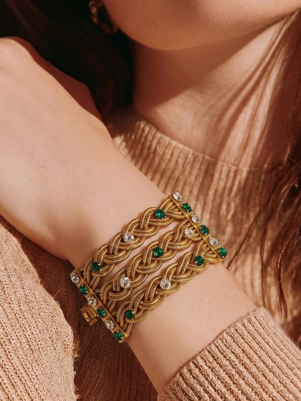 Catwalk Jon Gold plated Braided Bracelet with Green and Clear Stones